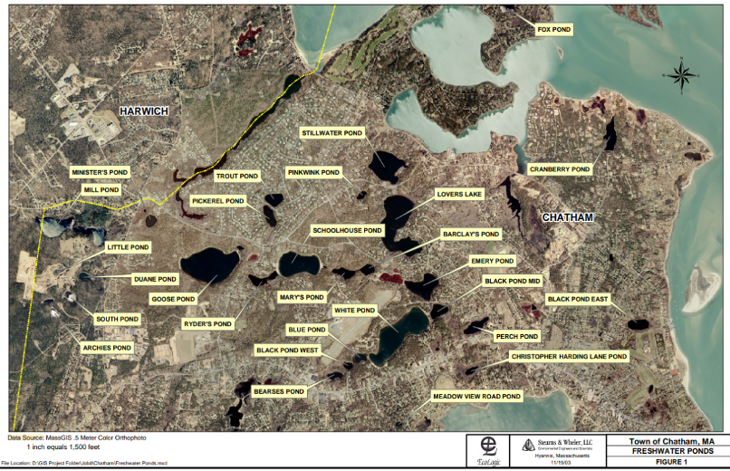 A map of the freshwater ponds in Chatham.